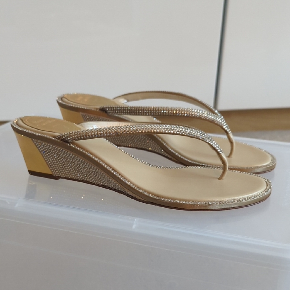 Rene Caovilla Gold Wedge Rhinestone Thong Sandals 37 - Picture 3 of 8